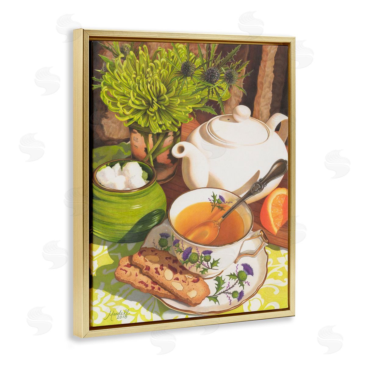 Tea and Biscuits Scene Gold Floating Frame Canvas Wall Art, Home Decor by Mardell Schuster