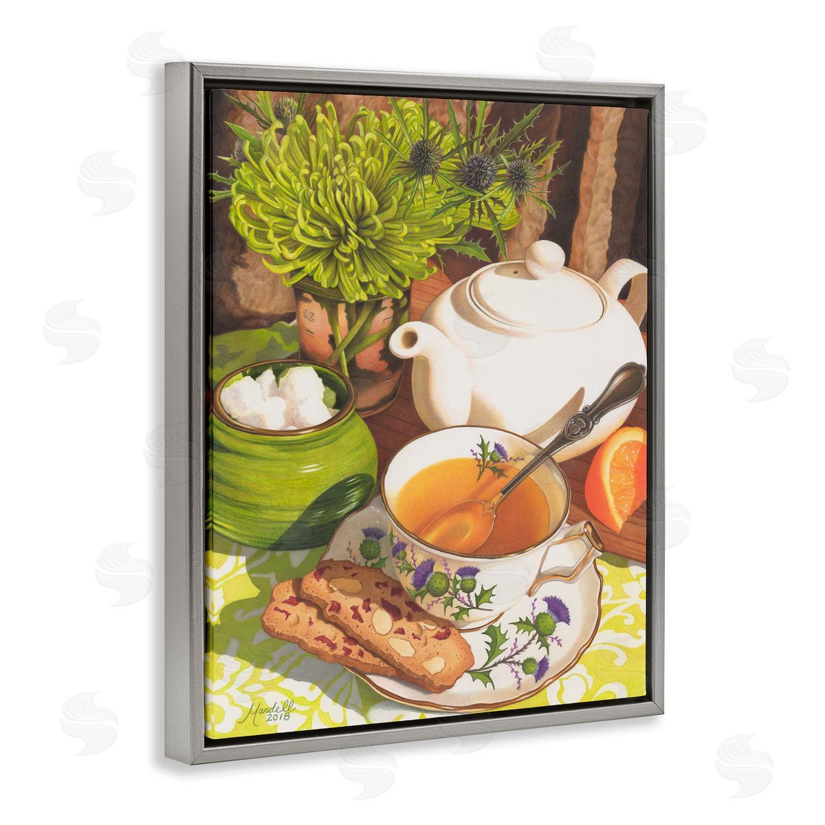 Tea and Biscuits Scene Grey Floating Frame Canvas Wall Art, Home Decor by Mardell Schuster