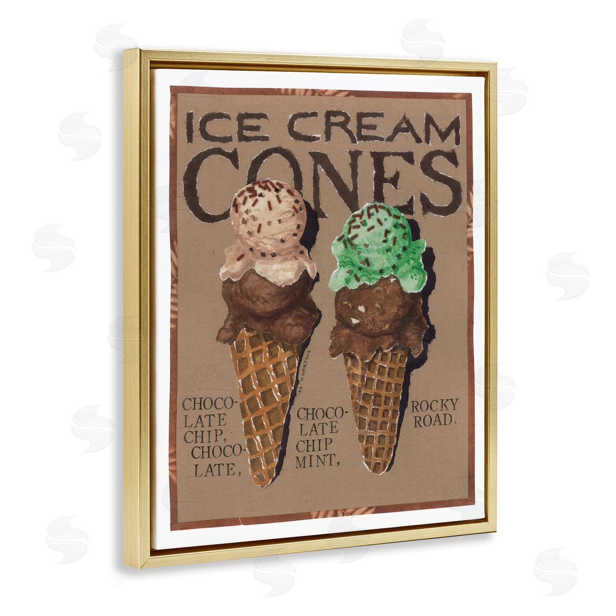 Ice Cream Cones Gold Floating Frame Canvas Wall Art, Home Decor by Nancy Overton