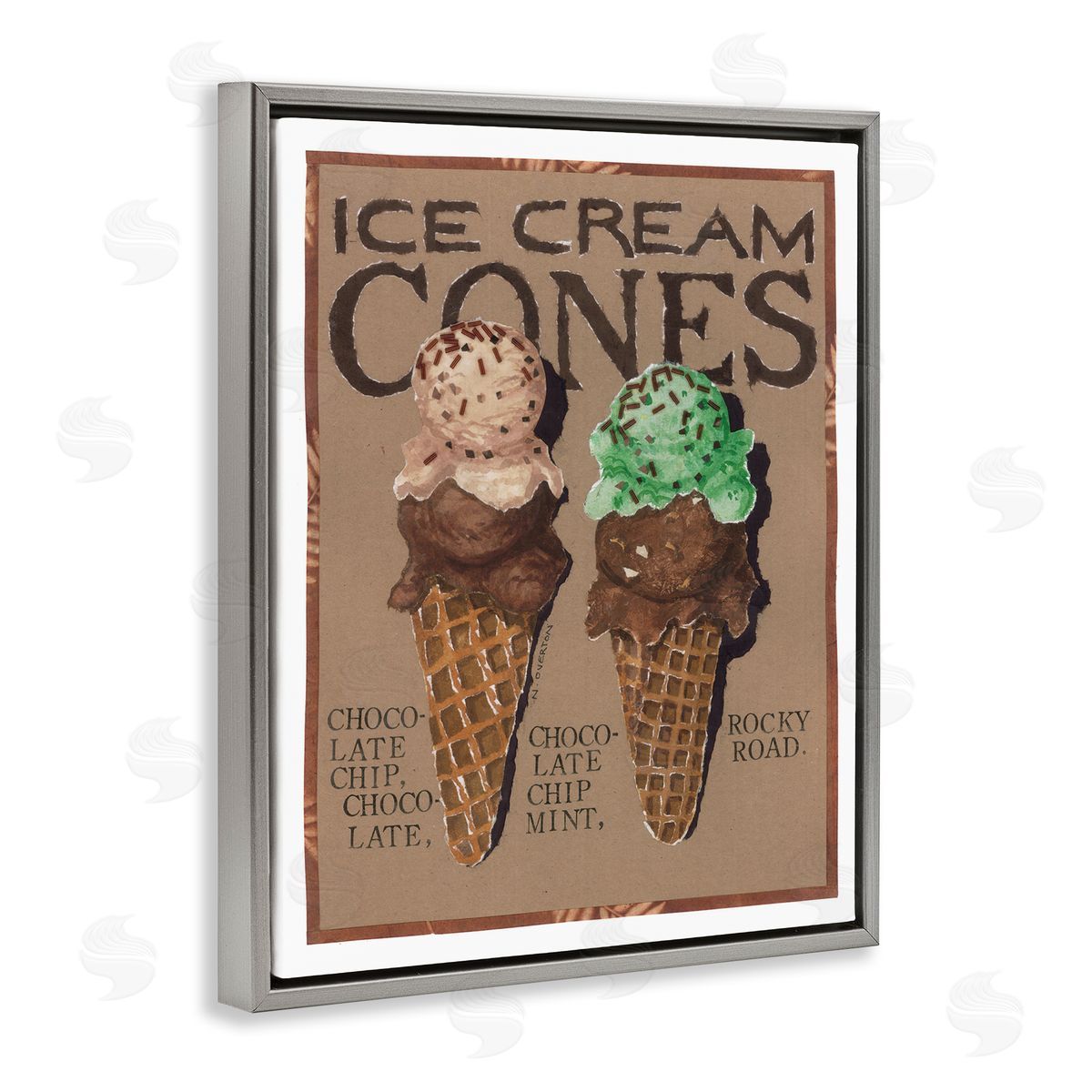 Ice Cream Cones Grey Floating Frame Canvas Wall Art, Home Decor by Nancy Overton