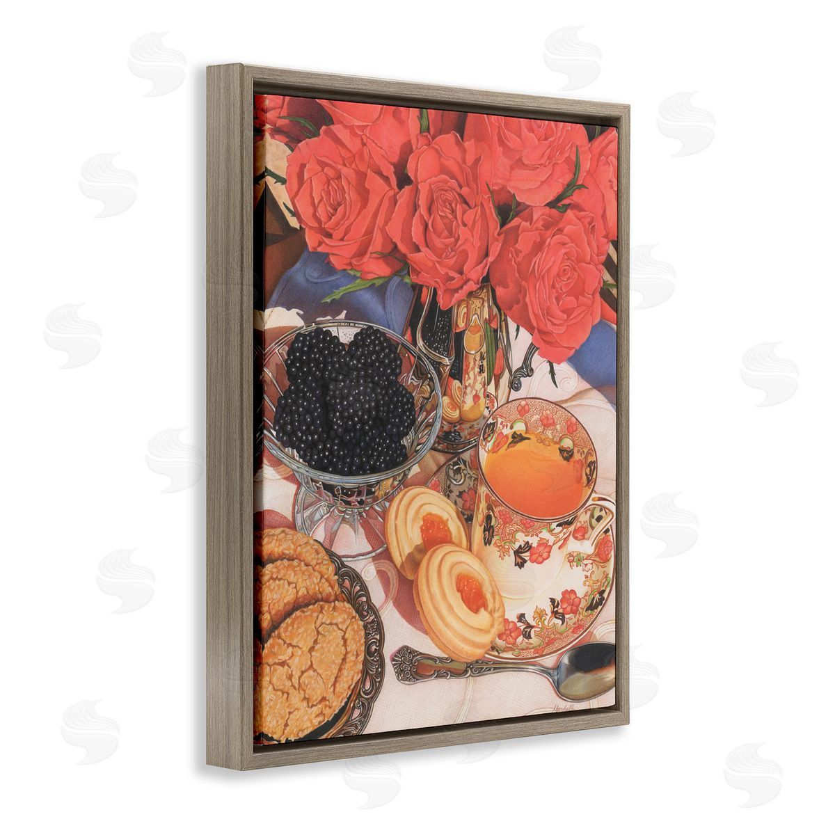 Tea Party and Berries Brown Floating Frame Canvas Wall Art, Home Decor by Mardell Schuster