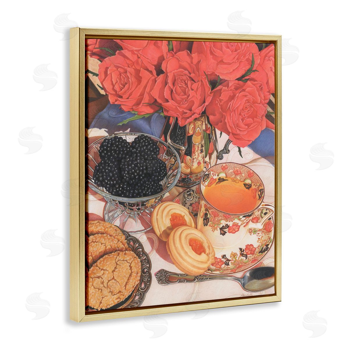 Tea Party and Berries Gold Floating Frame Canvas Wall Art, Home Decor by Mardell Schuster