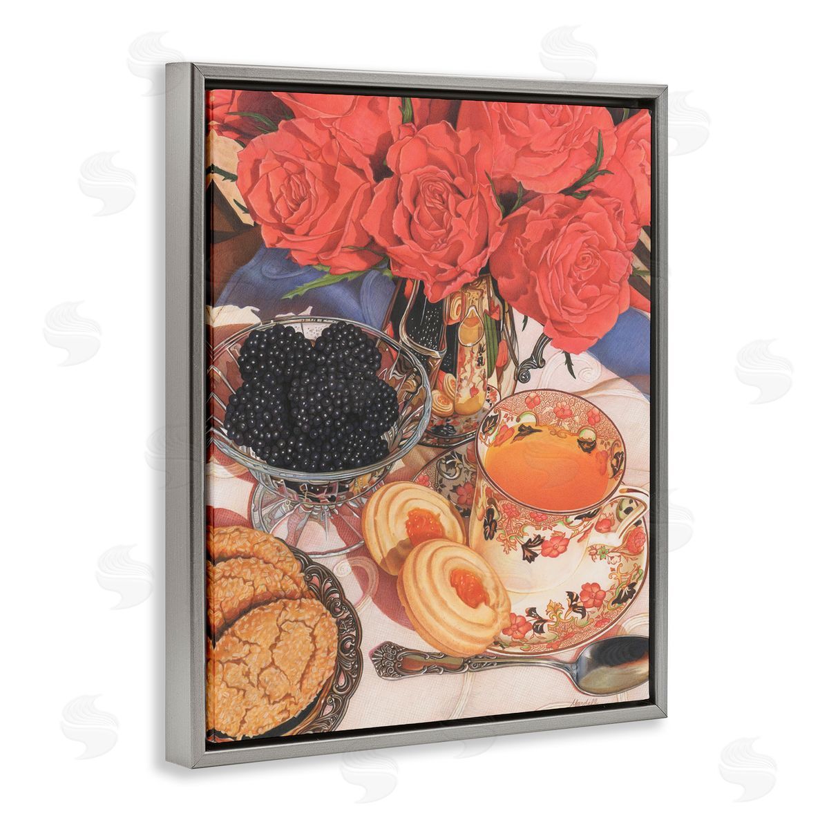 Tea Party and Berries Grey Floating Frame Canvas Wall Art, Home Decor by Mardell Schuster