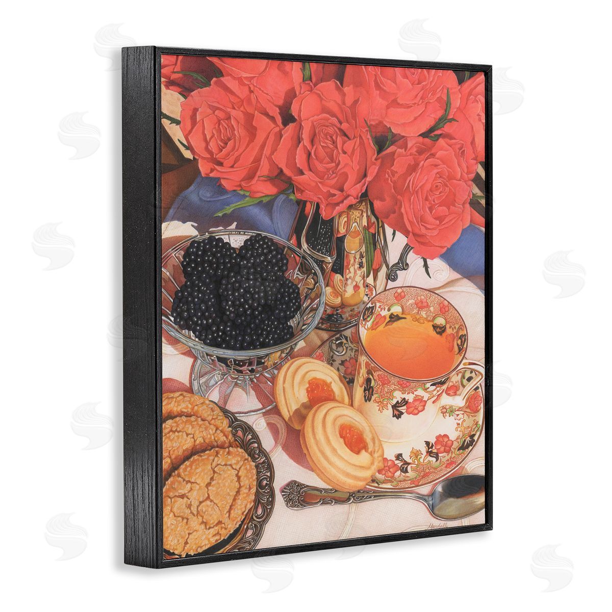 Tea Party and Berries Black Frame Print Wall Art, Home Decor by Mardell Schuster