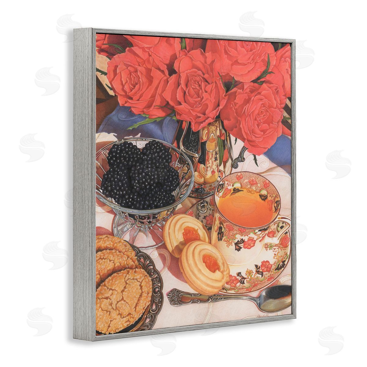 Tea Party and Berries Grey Frame Print Wall Art, Home Decor by Mardell Schuster