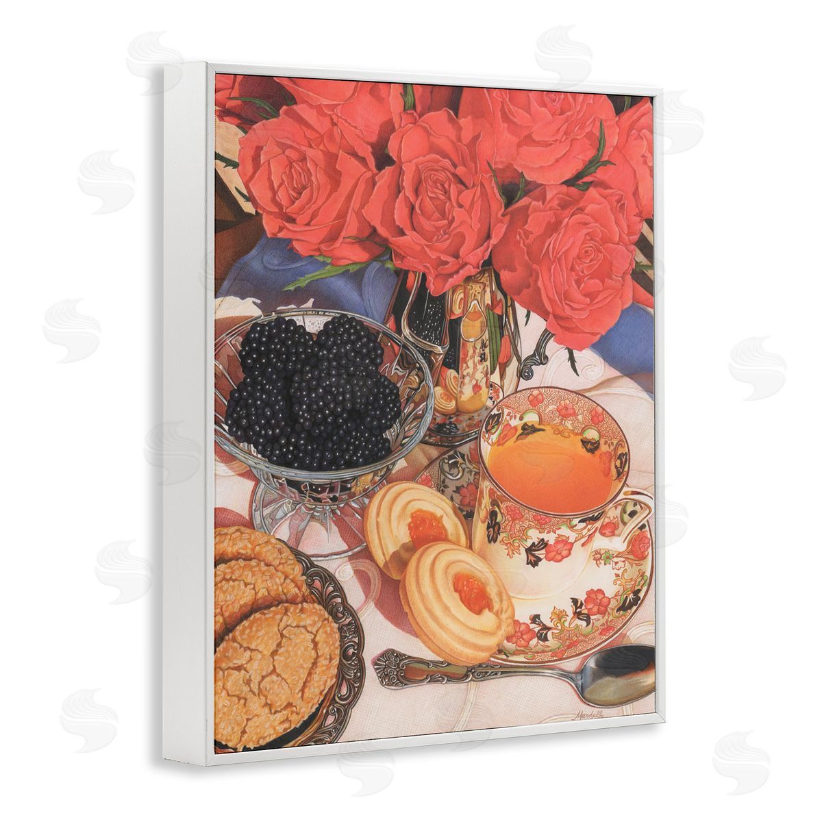 Tea Party and Berries White Frame Print Wall Art, Home Decor by Mardell Schuster