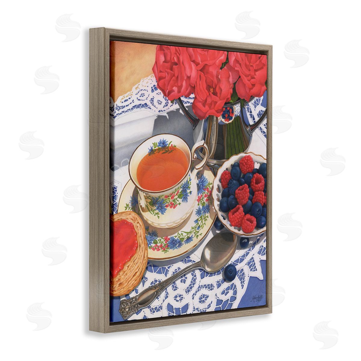 Berries and Tea Party Brown Floating Frame Canvas Wall Art, Home Decor by Mardell Schuster