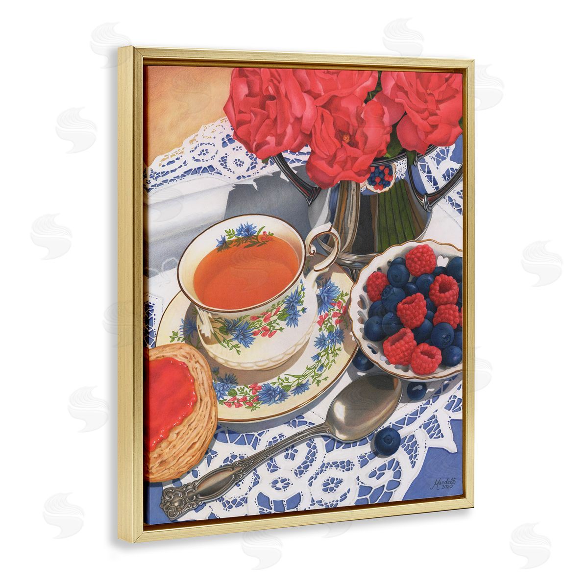 Berries and Tea Party Gold Floating Frame Canvas Wall Art, Home Decor by Mardell Schuster