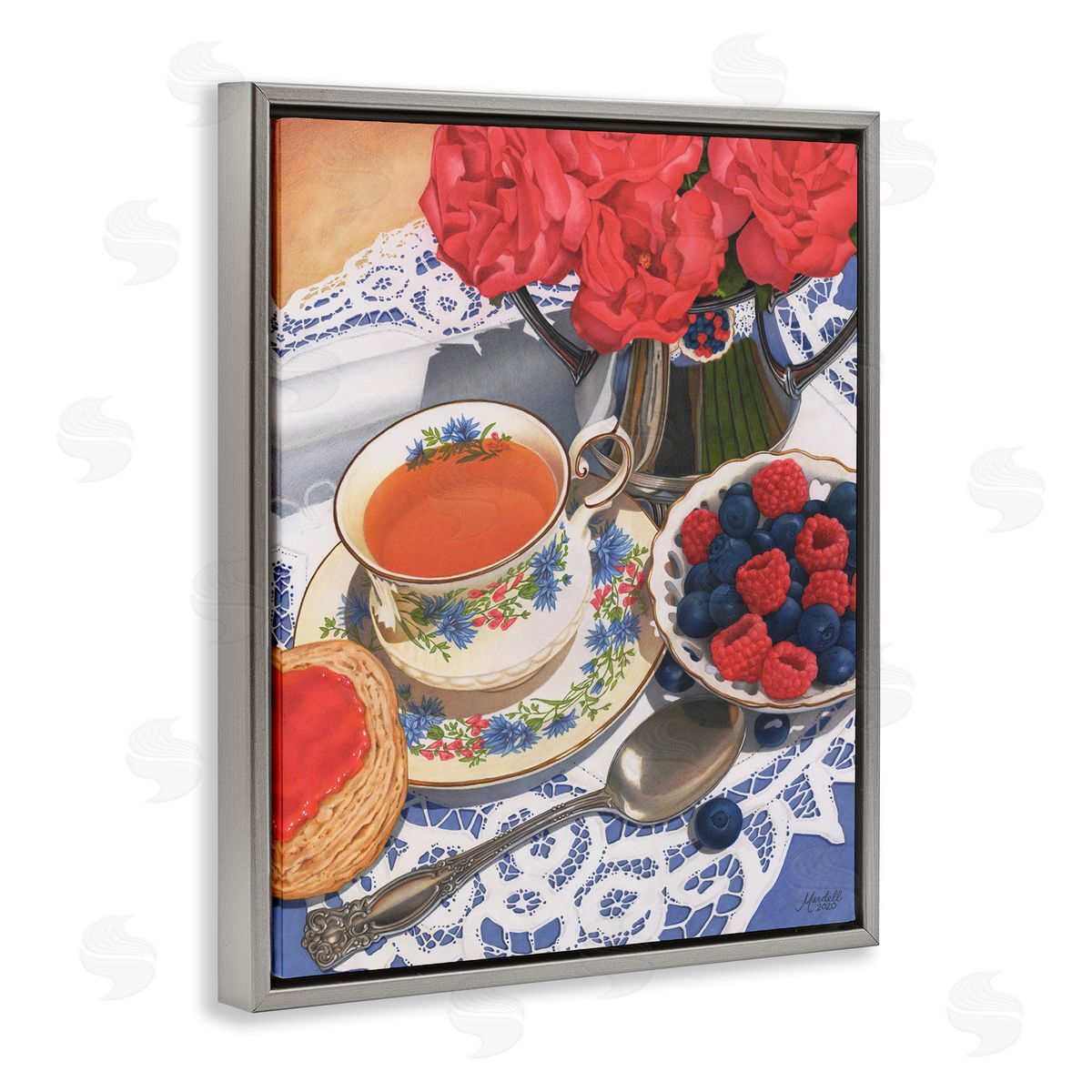 Berries and Tea Party Grey Floating Frame Canvas Wall Art, Home Decor by Mardell Schuster