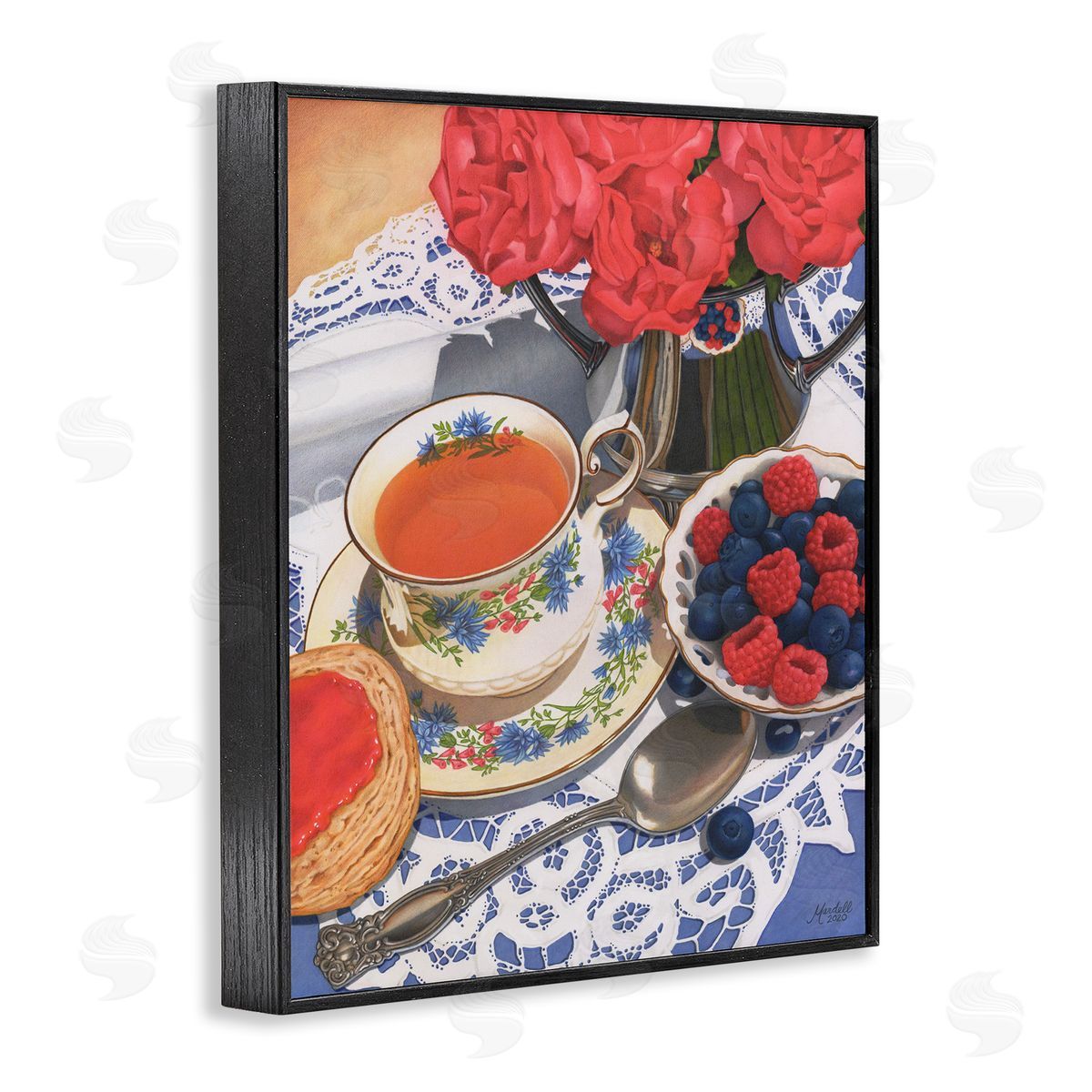 Berries and Tea Party Black Frame Print Wall Art, Home Decor by Mardell Schuster