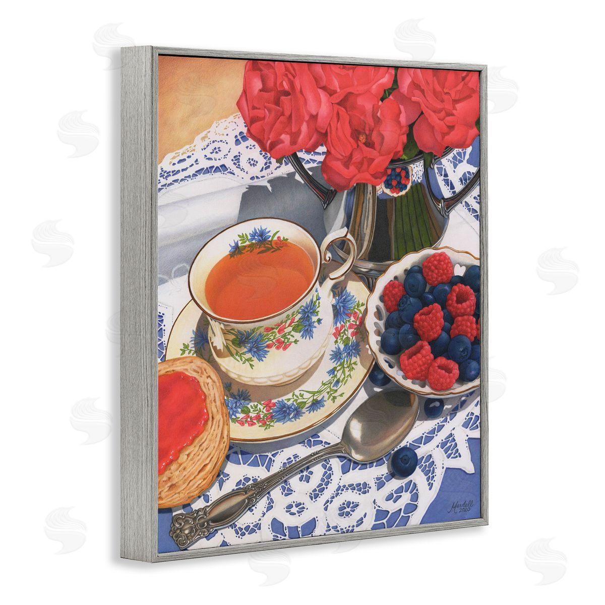 Berries and Tea Party Grey Frame Print Wall Art, Home Decor by Mardell Schuster