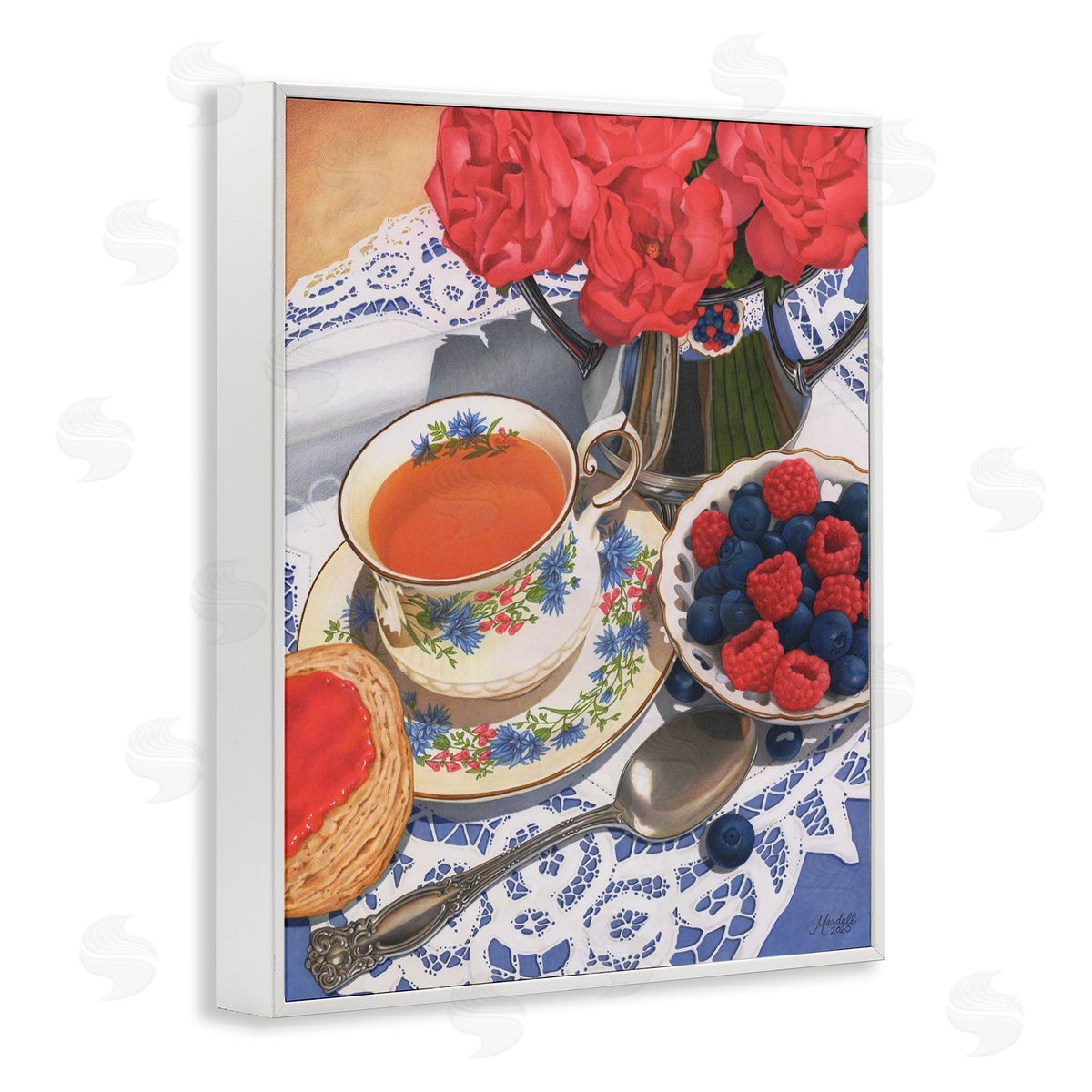 Berries and Tea Party White Frame Print Wall Art, Home Decor by Mardell Schuster