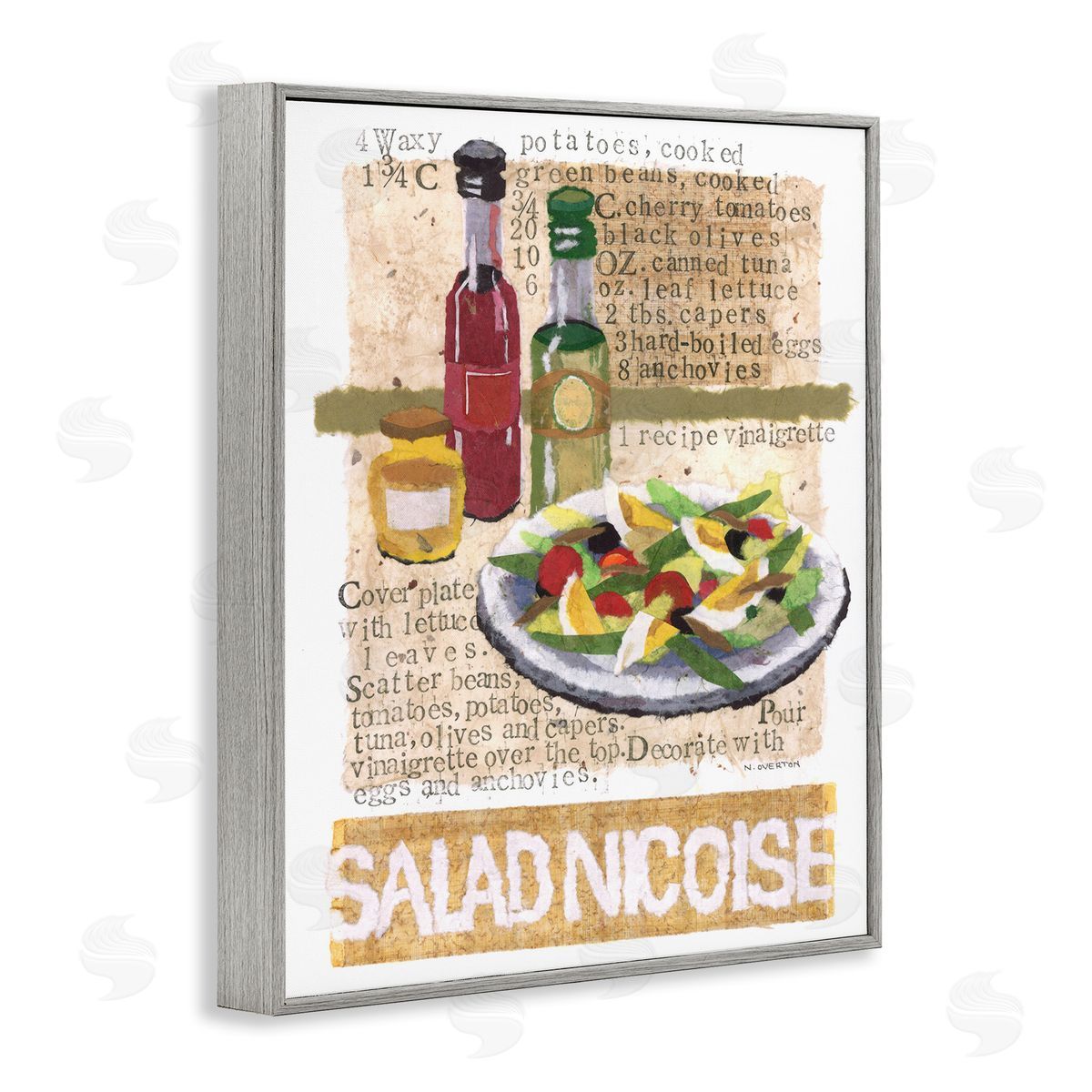 Salad Nicoise Recipe Grey Frame Print Wall Art, Home Decor by Nancy Overton