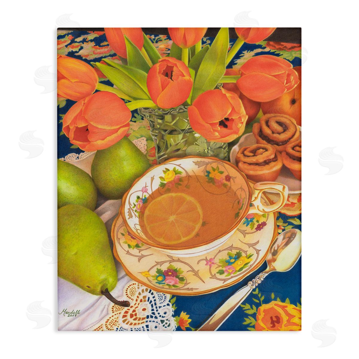 Tea with Orange Tulips Canvas Wall Art, Home Decor by Mardell Schuster