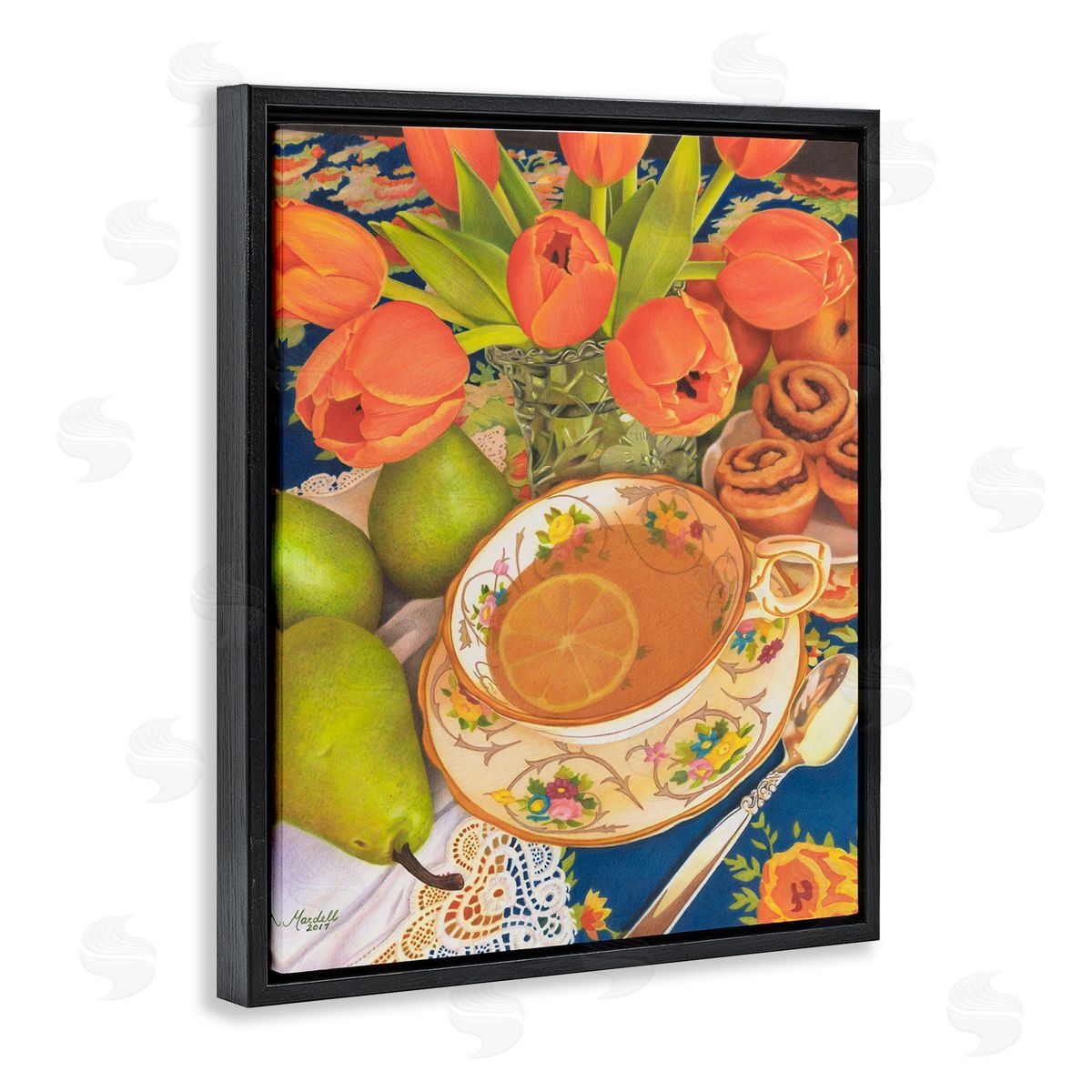 Tea with Orange Tulips Black Floating Frame Canvas Wall Art, Home Decor by Mardell Schuster