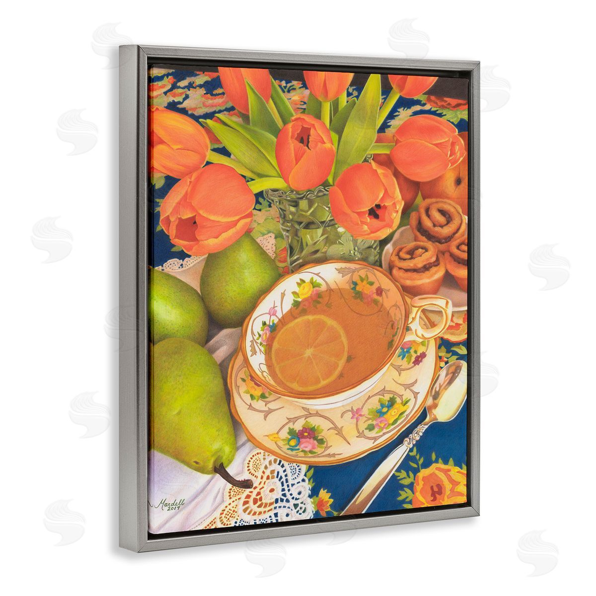 Tea with Orange Tulips Grey Floating Frame Canvas Wall Art, Home Decor by Mardell Schuster