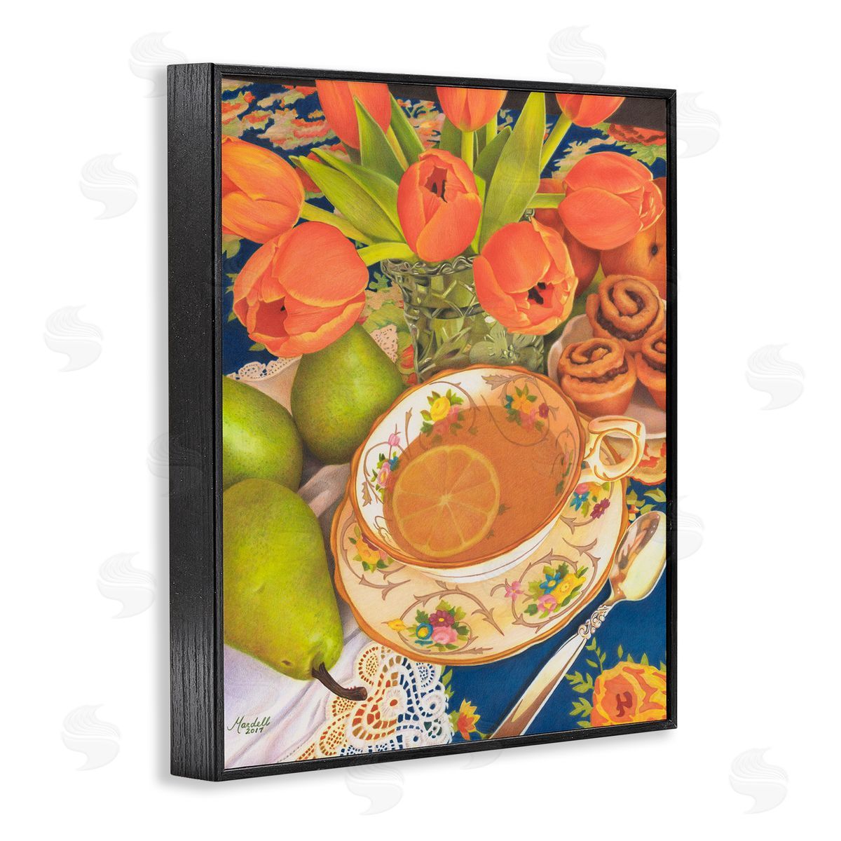 Tea with Orange Tulips Black Frame Print Wall Art, Home Decor by Mardell Schuster