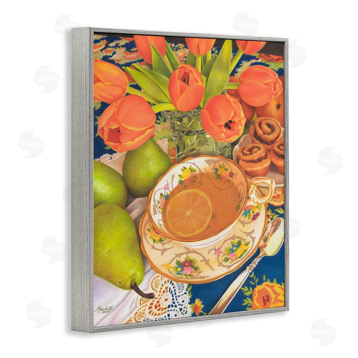 Tea with Orange Tulips Grey Frame Print Wall Art, Home Decor by Mardell Schuster