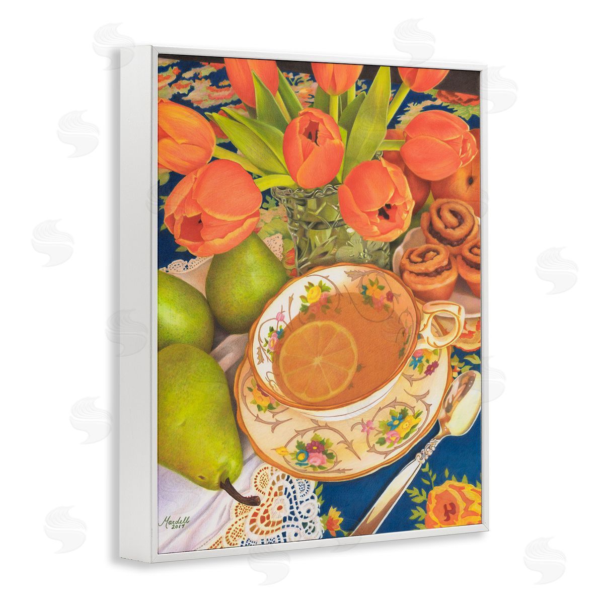 Tea with Orange Tulips White Frame Print Wall Art, Home Decor by Mardell Schuster