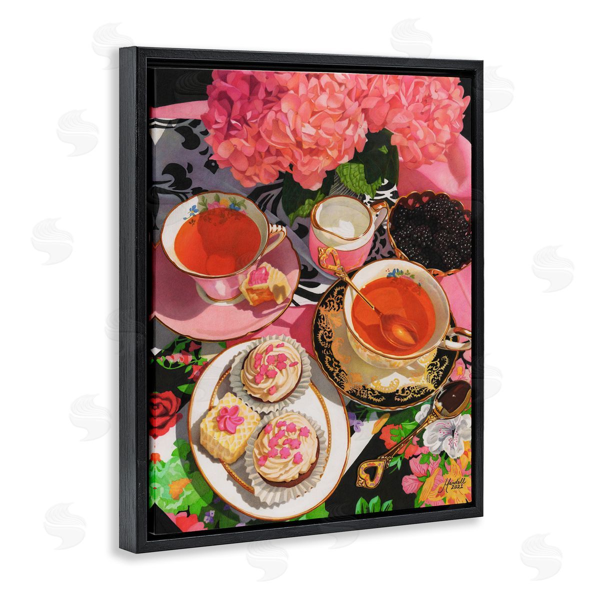 Pink Hydrangea Tea Party Black Floating Frame Canvas Wall Art, Home Decor by Mardell Schuster