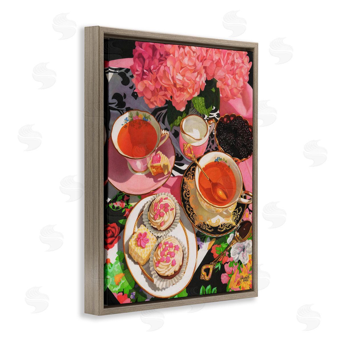 Pink Hydrangea Tea Party Brown Floating Frame Canvas Wall Art, Home Decor by Mardell Schuster