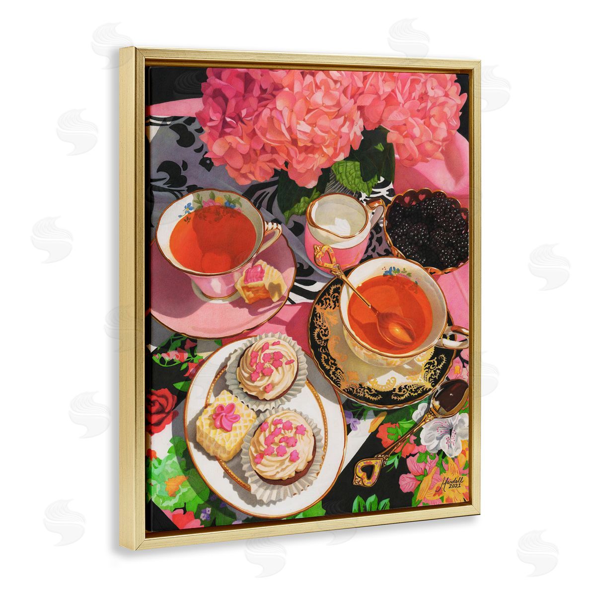 Pink Hydrangea Tea Party Gold Floating Frame Canvas Wall Art, Home Decor by Mardell Schuster