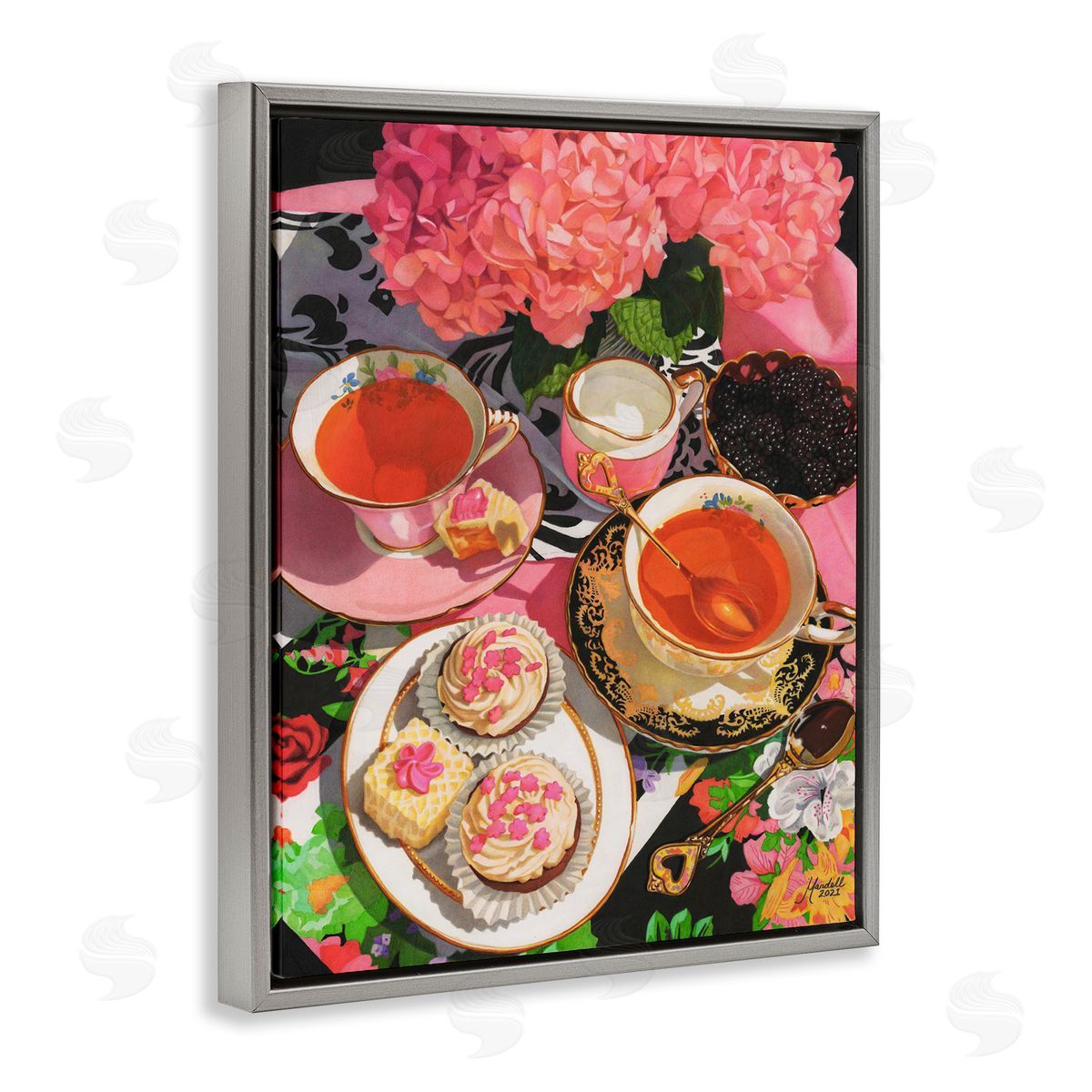Pink Hydrangea Tea Party Grey Floating Frame Canvas Wall Art, Home Decor by Mardell Schuster