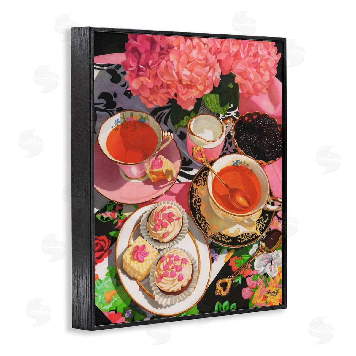 Pink Hydrangea Tea Party Black Frame Print Wall Art, Home Decor by Mardell Schuster