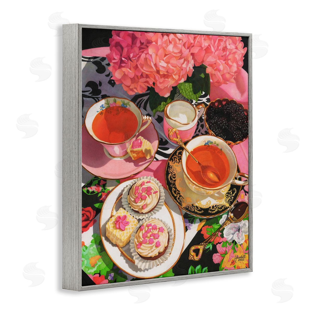 Pink Hydrangea Tea Party Grey Frame Print Wall Art, Home Decor by Mardell Schuster