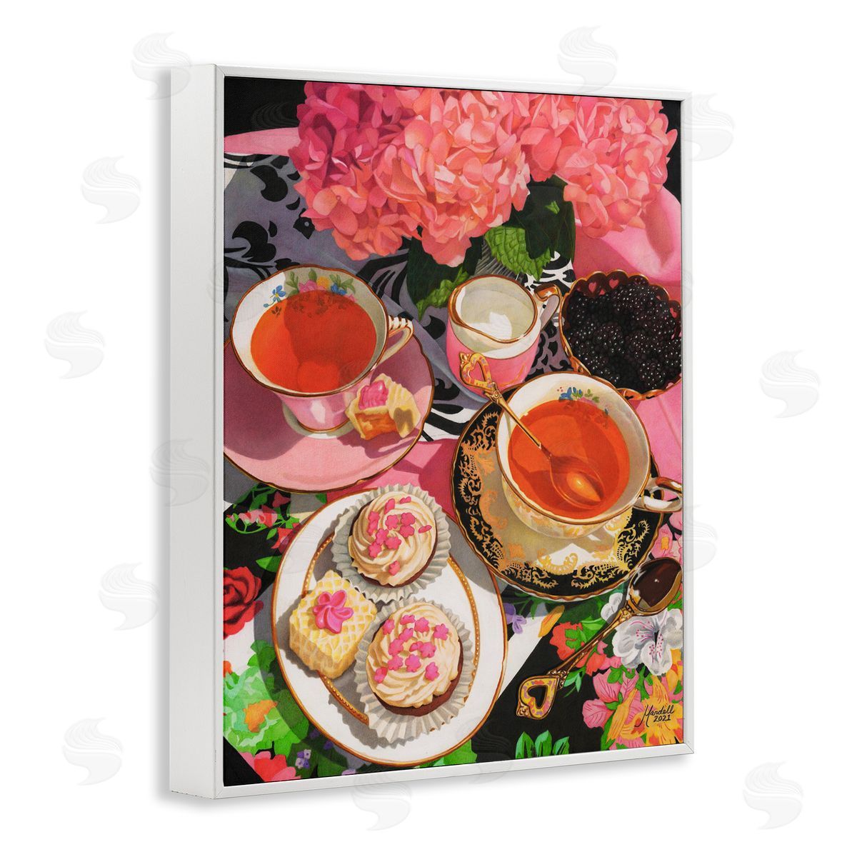 Pink Hydrangea Tea Party White Frame Print Wall Art, Home Decor by Mardell Schuster