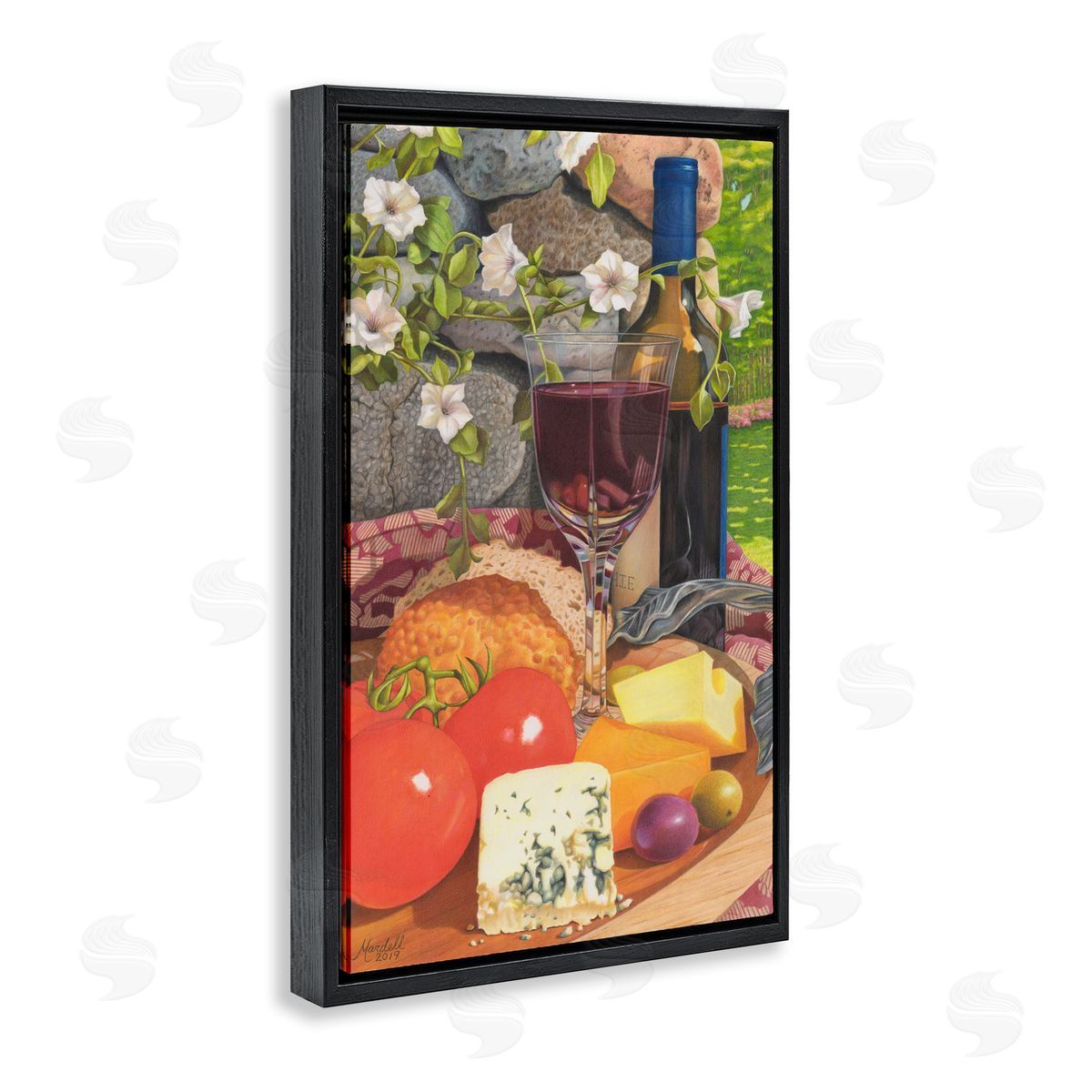 Wine and Cheese Plate Black Floating Frame Canvas Wall Art, Home Decor by Mardell Schuster