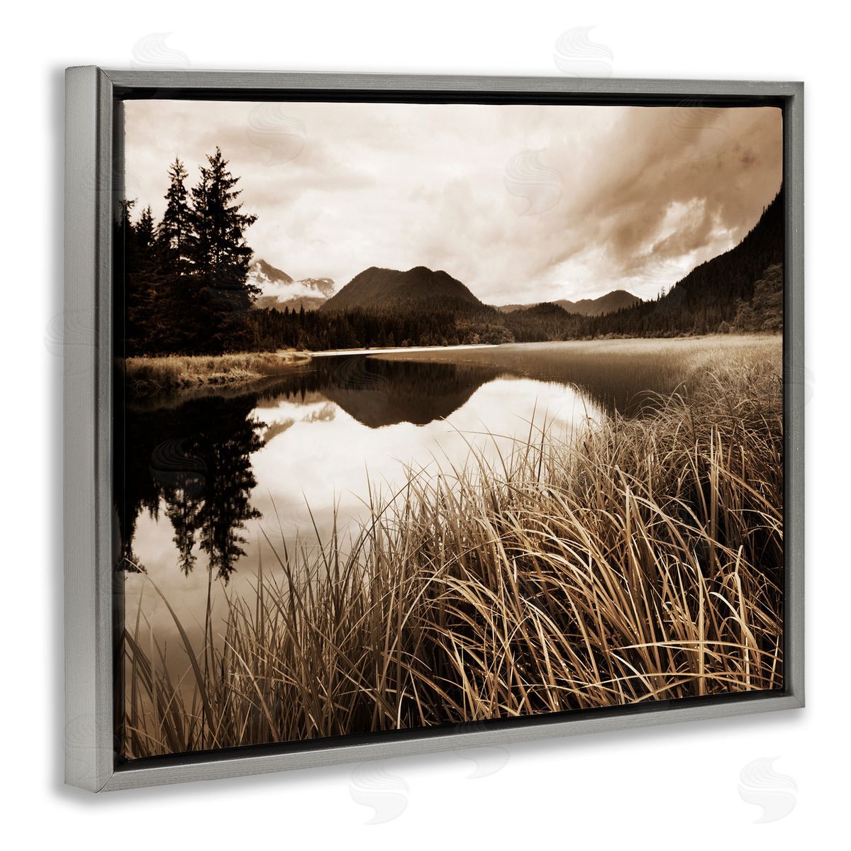 Sepia Lake Reflection Grey Floating Frame Canvas Wall Art, Home Decor by Danita Delimont
