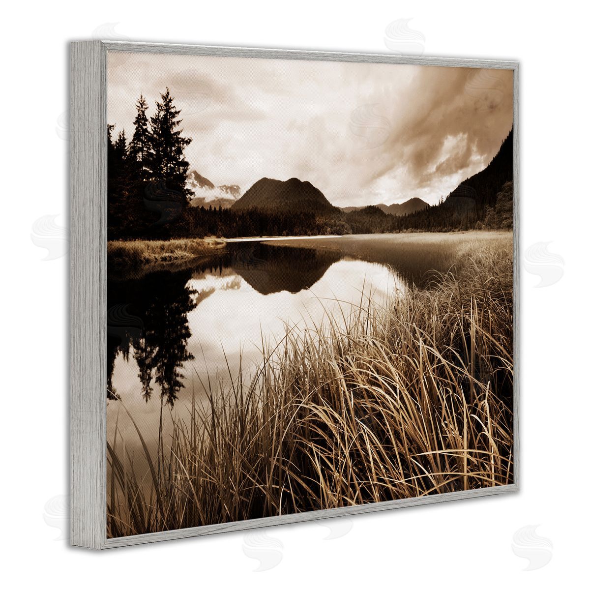Sepia Lake Reflection Grey Frame Print Wall Art, Home Decor by Danita Delimont
