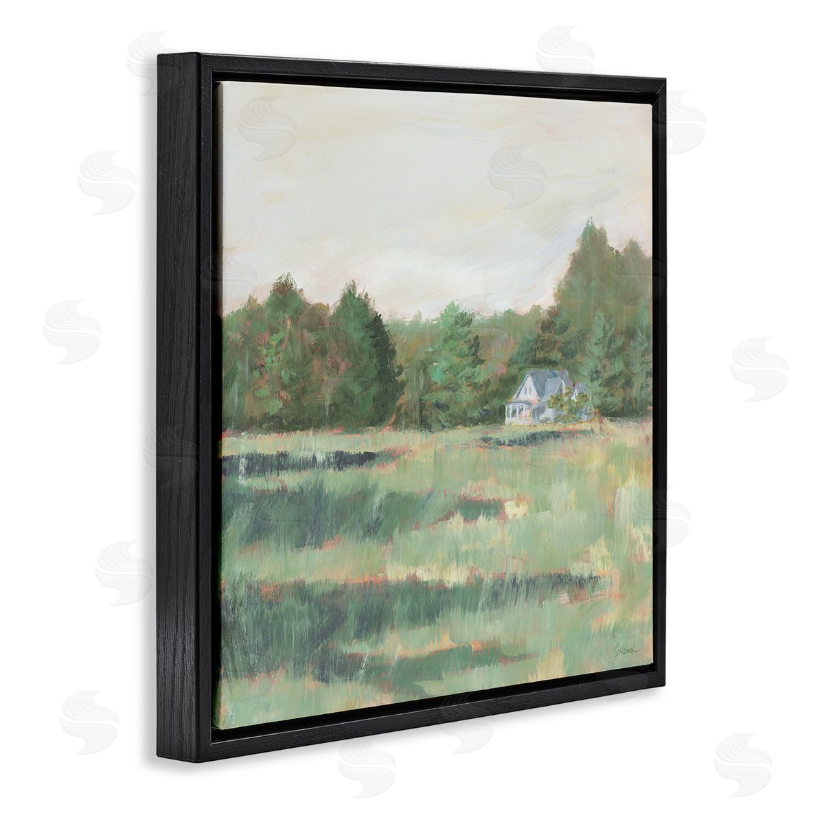 Farmhouse Across Meadow Black Floating Frame Canvas Wall Art, Home Decor by Sue Schlabach