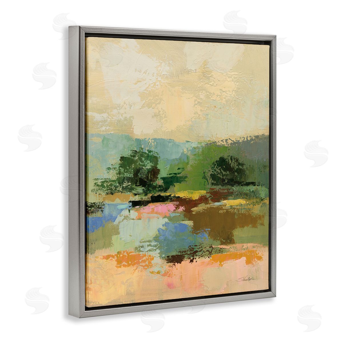 Across The River Abstract Grey Floating Frame Canvas Wall Art, Home Decor by Silvia Vassileva