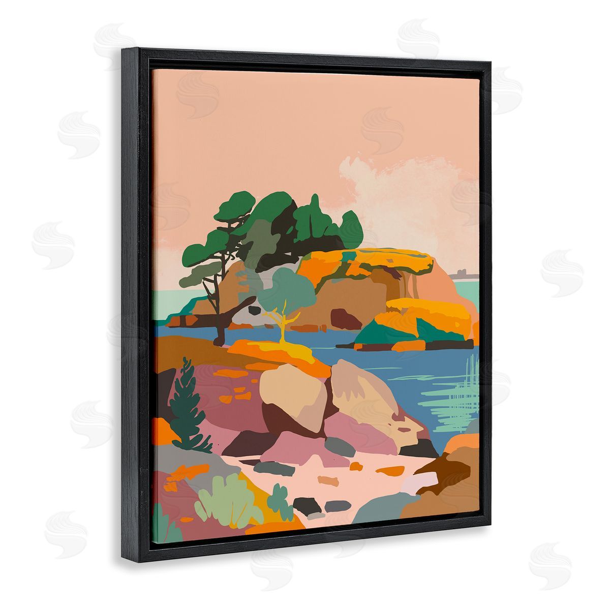 Abstract Lake and Cliffs Black Floating Frame Canvas Wall Art, Home Decor by Walker Noble