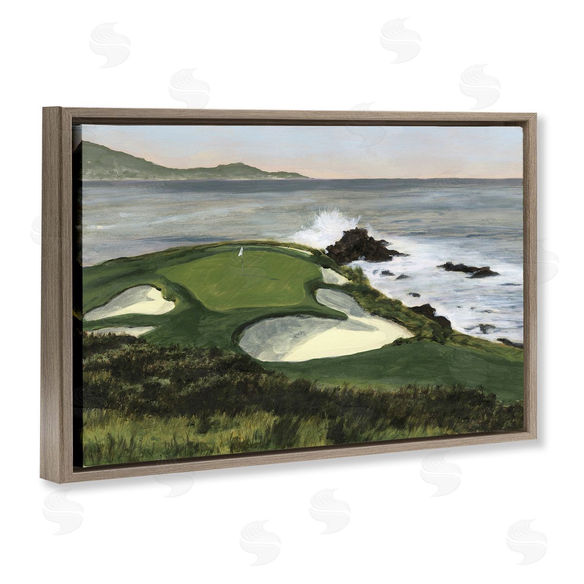 Coastal Golf Course Brown Floating Frame Canvas Wall Art, Home Decor by Michael Willett