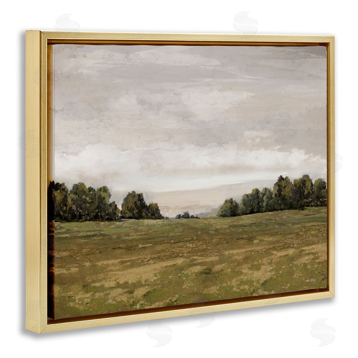 Distant Trees Grassland Gold Floating Frame Canvas Wall Art, Home Decor by Amber Sterling