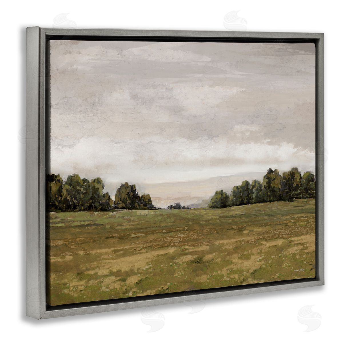Distant Trees Grassland Grey Floating Frame Canvas Wall Art, Home Decor by Amber Sterling