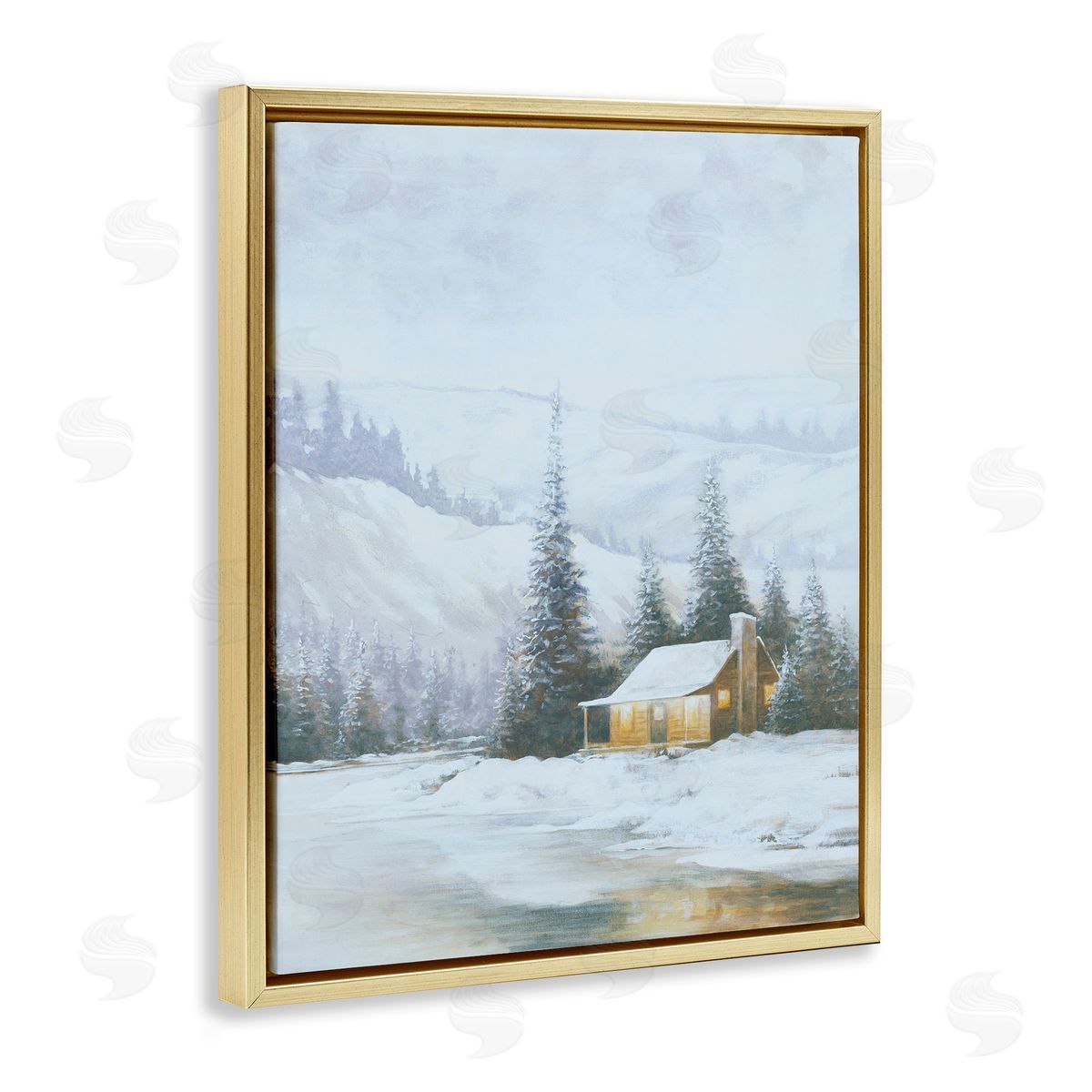 Snowy Woodland Cabin Gold Floating Frame Canvas Wall Art, Home Decor by Dogwood Portfolio