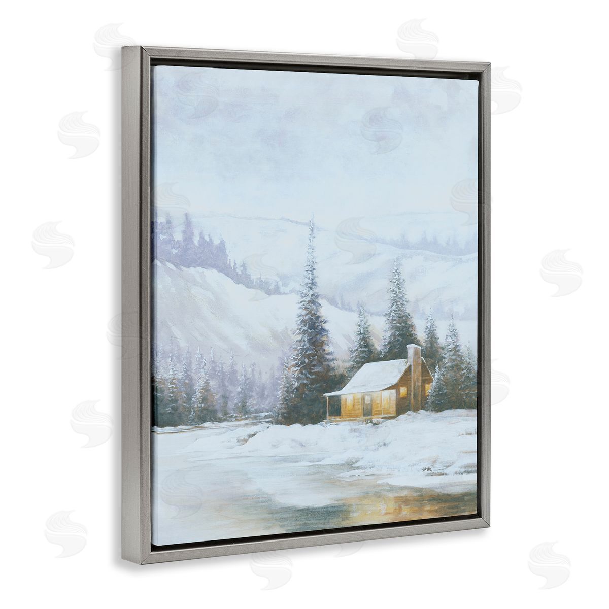 Snowy Woodland Cabin Grey Floating Frame Canvas Wall Art, Home Decor by Dogwood Portfolio