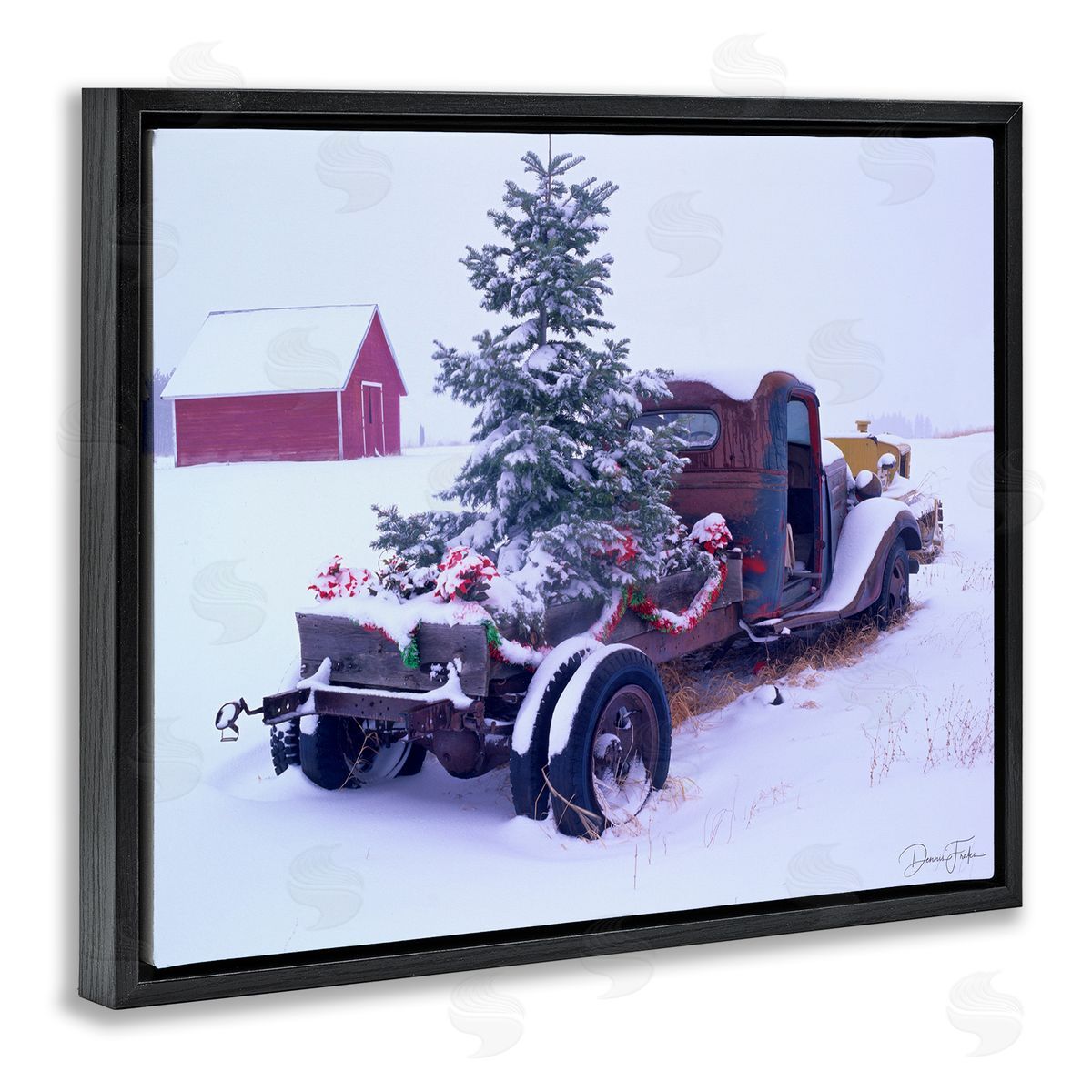 Christmas Tree Truck Black Floating Frame Canvas Wall Art, Home Decor by Dennis Frates