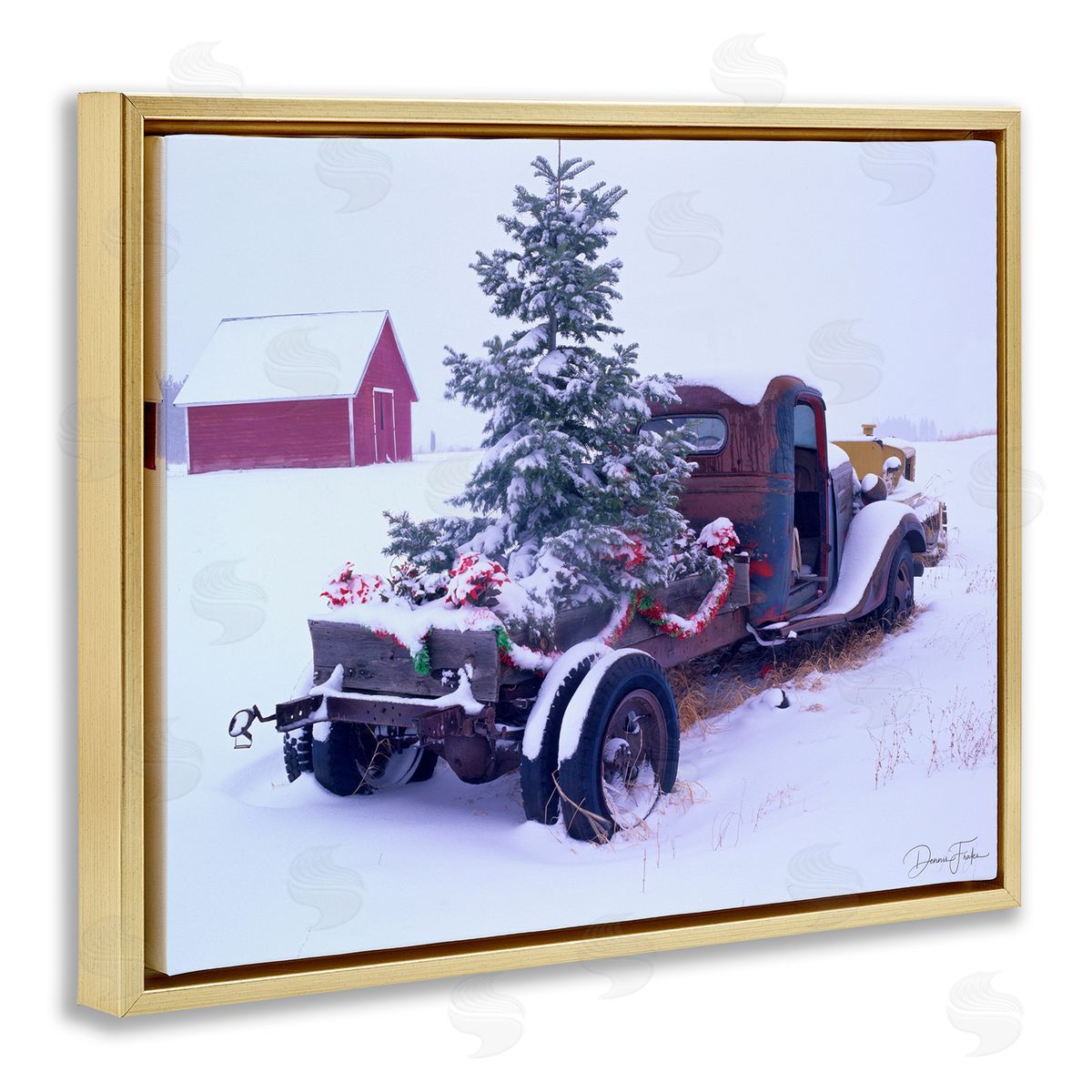 Christmas Tree Truck Gold Floating Frame Canvas Wall Art, Home Decor by Dennis Frates