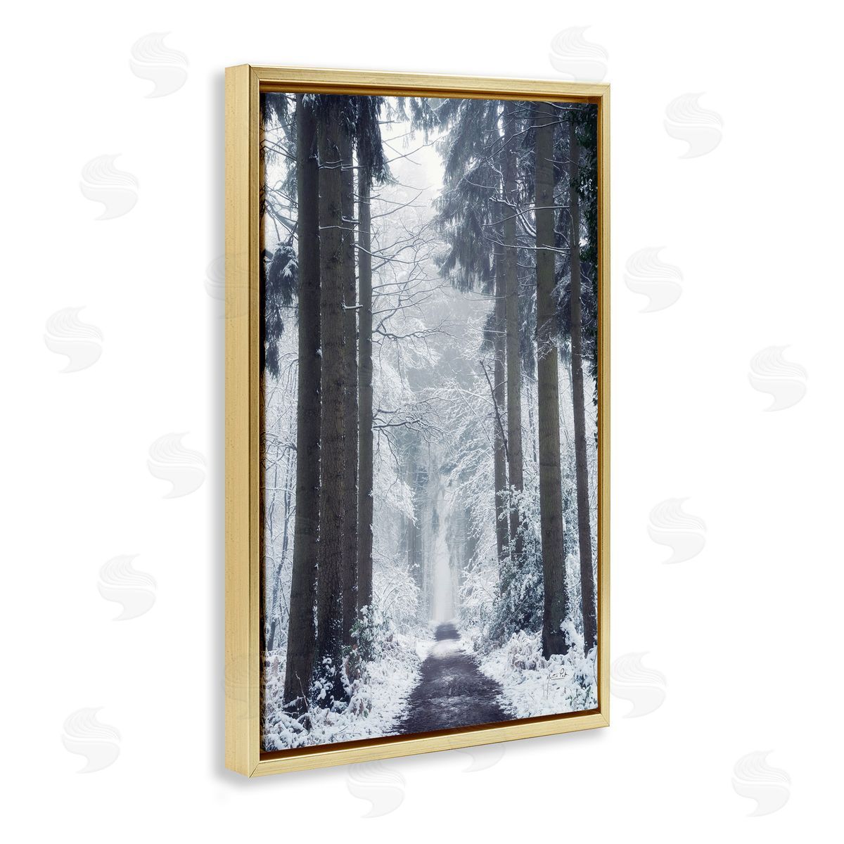 Winter Fir Path Gold Floating Frame Canvas Wall Art, Home Decor by Martin Podt