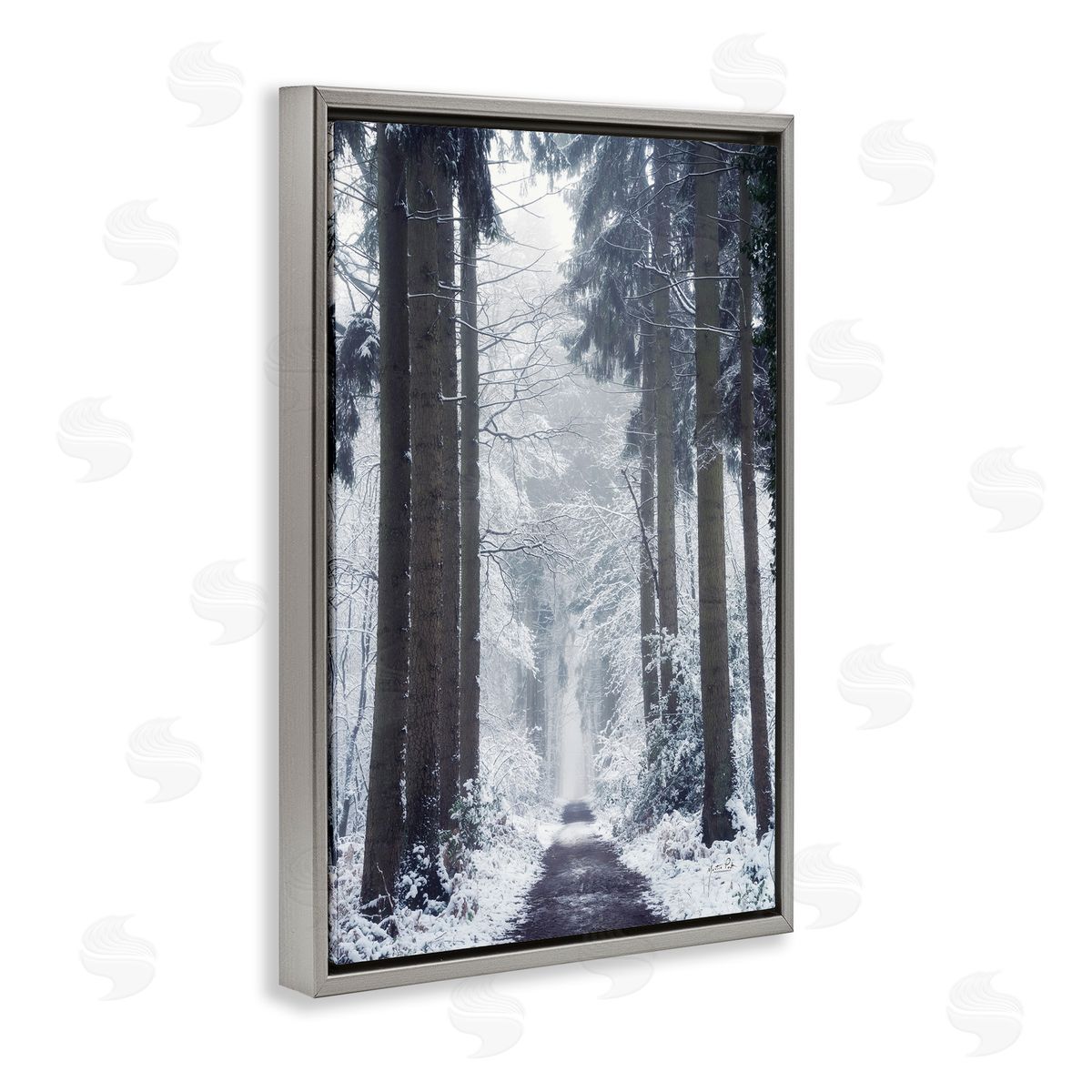 Winter Fir Path Grey Floating Frame Canvas Wall Art, Home Decor by Martin Podt