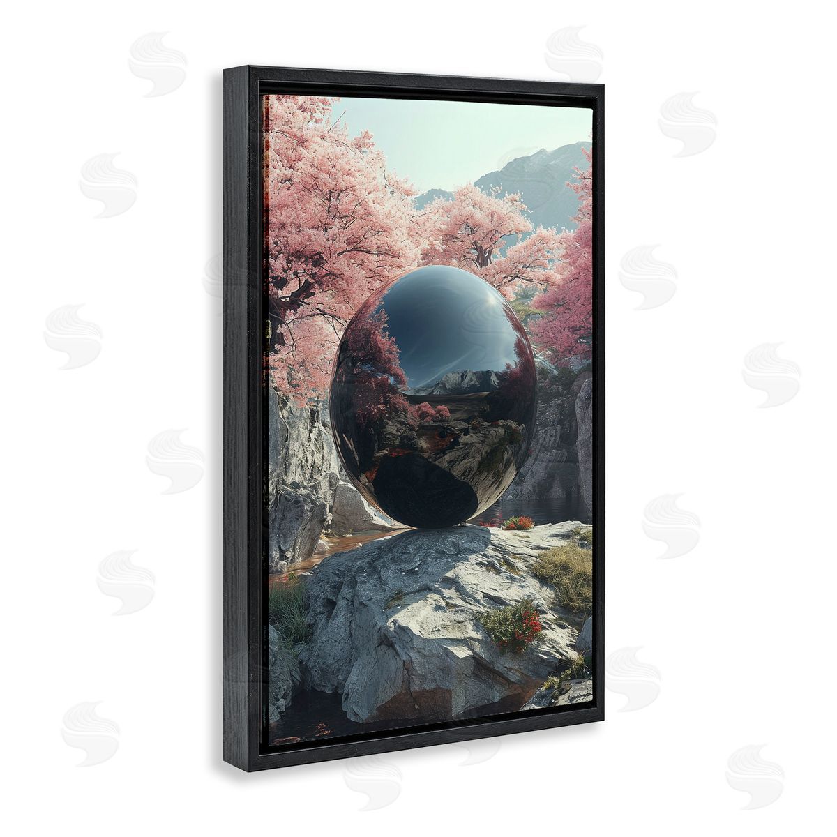 Surreal Reflective Ball Black Floating Frame Canvas Wall Art, Home Decor by Roozbeh Bahramali