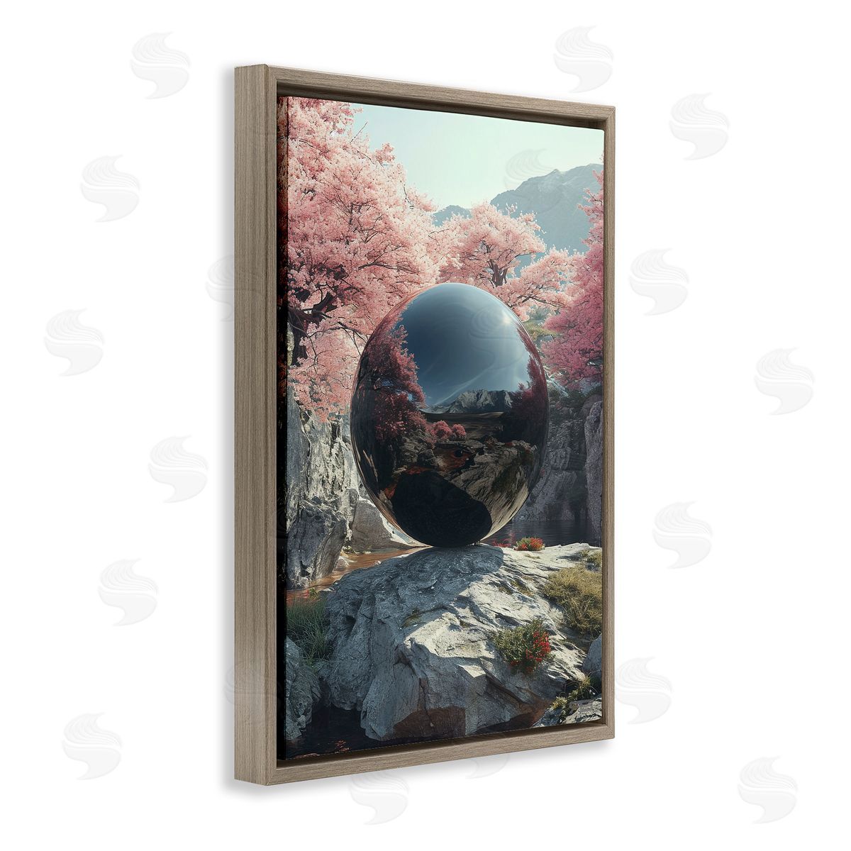 Surreal Reflective Ball Brown Floating Frame Canvas Wall Art, Home Decor by Roozbeh Bahramali