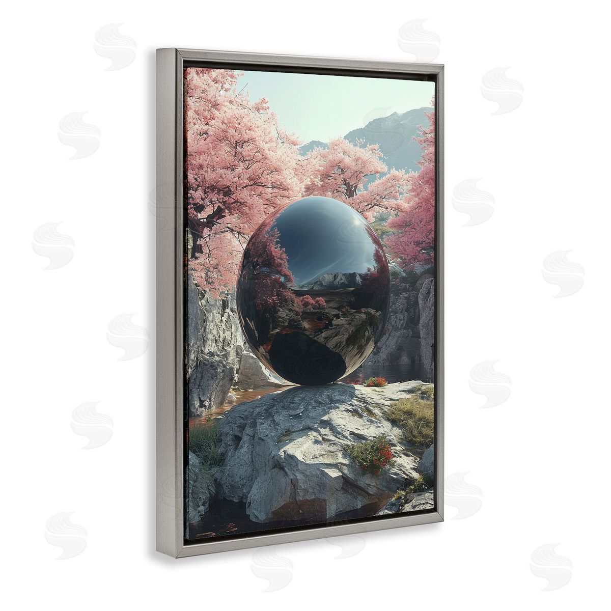 Surreal Reflective Ball Grey Floating Frame Canvas Wall Art, Home Decor by Roozbeh Bahramali