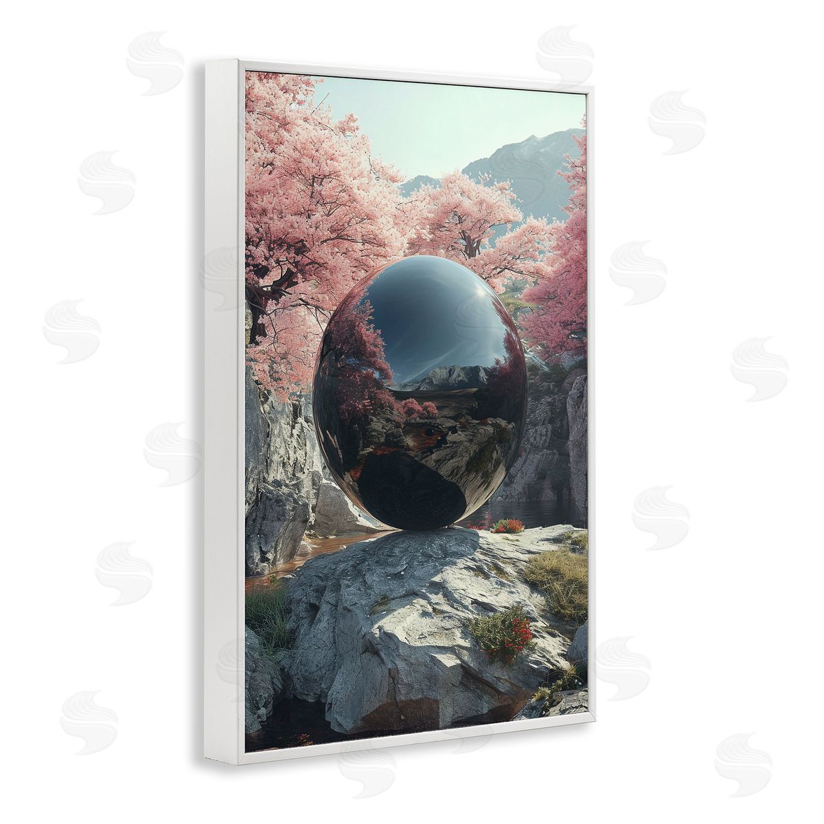 Surreal Reflective Ball White Frame Print Wall Art, Home Decor by Roozbeh Bahramali