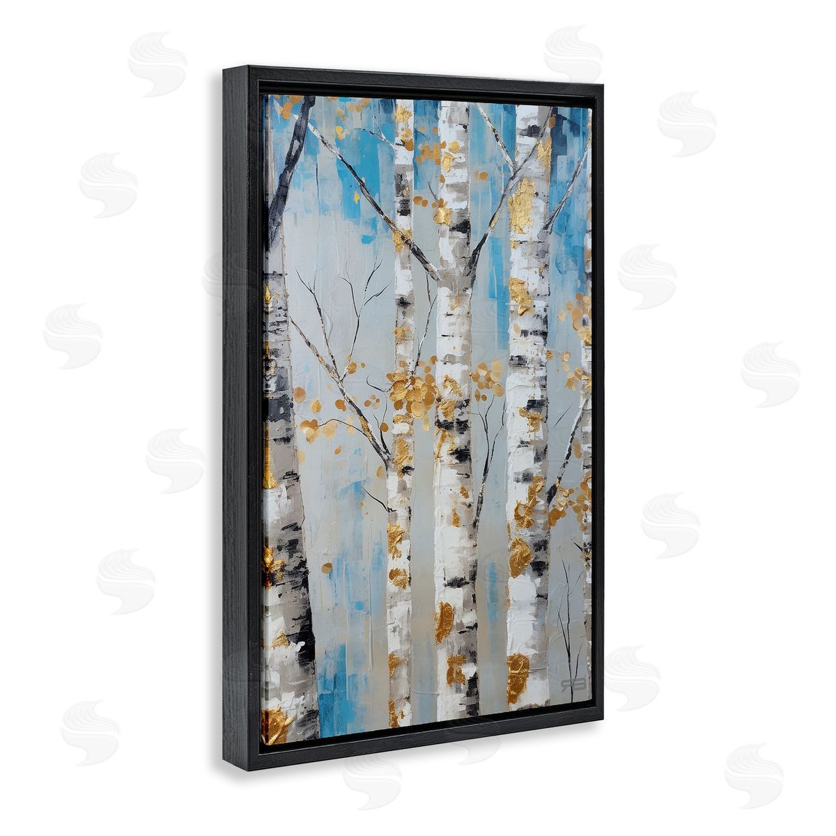 Birch Trees Foliage Black Floating Frame Canvas Wall Art, Home Decor by Roozbeh Bahramali